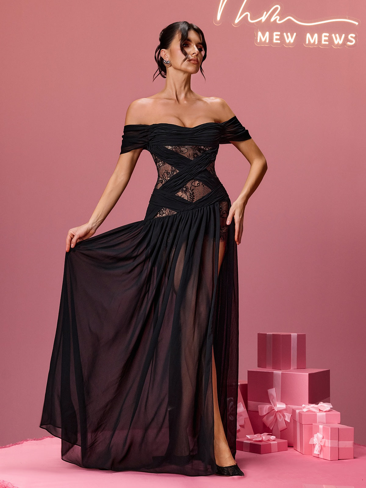 Alfhild Off Shoulder Lace Split Maxi Dress - Image 2