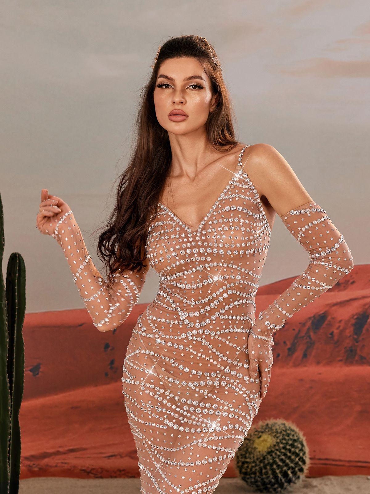 Amahl Spaghetti Rhinestone Mesh Maxi Dress - Image 2