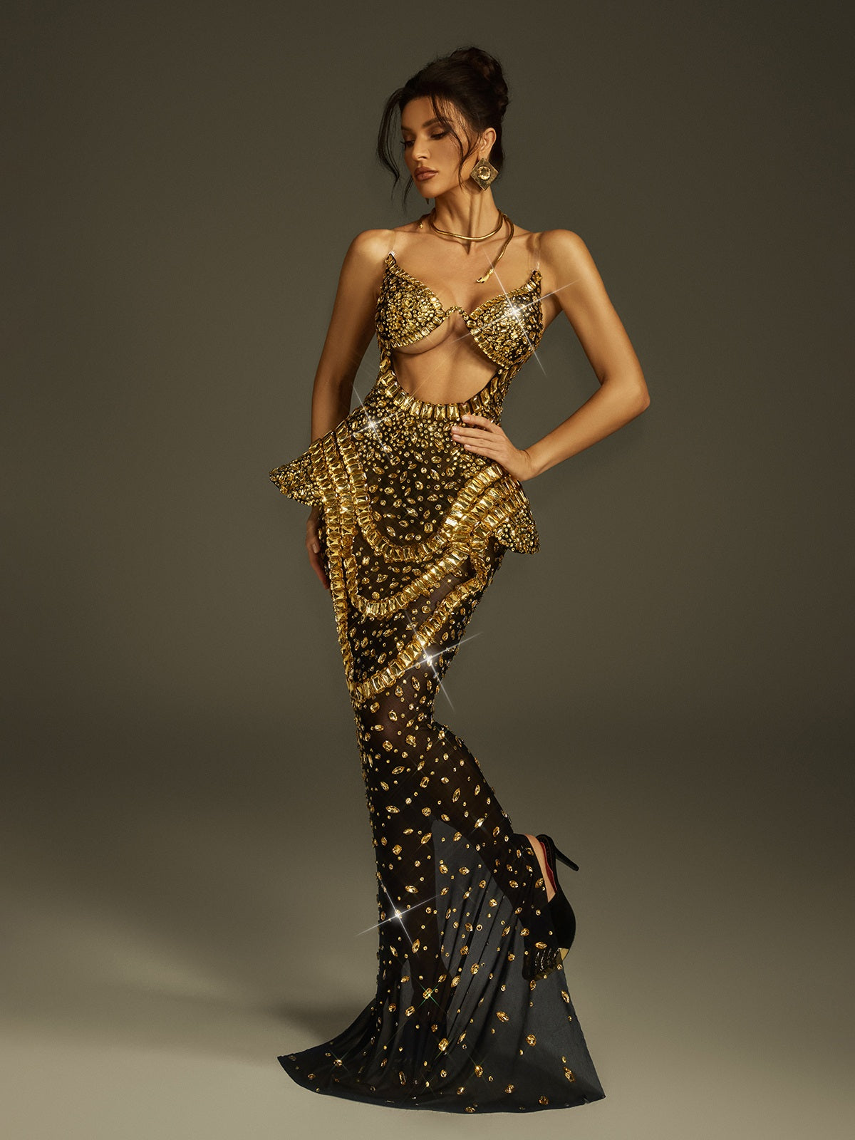 Arygon Strapless Cutout Crystal Maxi Dress In Black & Gold - Image 4