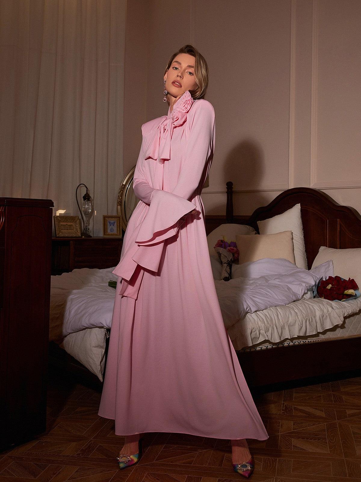 Benton Long Sleeve Flower Maxi Dress In Pink - Image 3