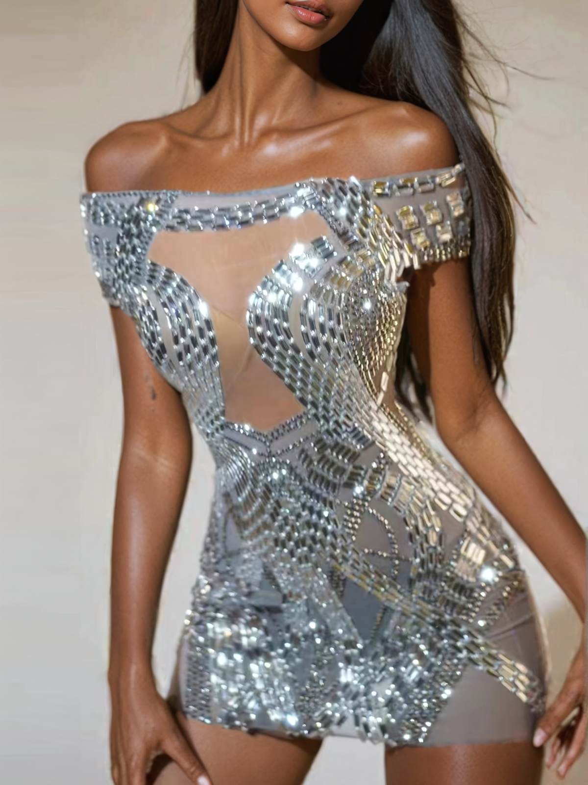 Bly Off Shoulder Rhinestone Mini Dress In Silver - Image 4