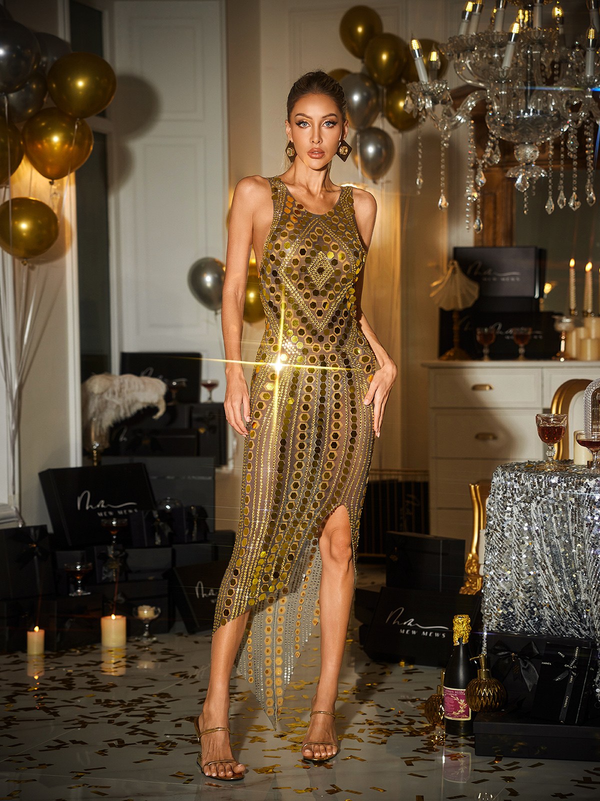 Cairna Sleeveless Sequin Diamond Midi Dress - Image 3