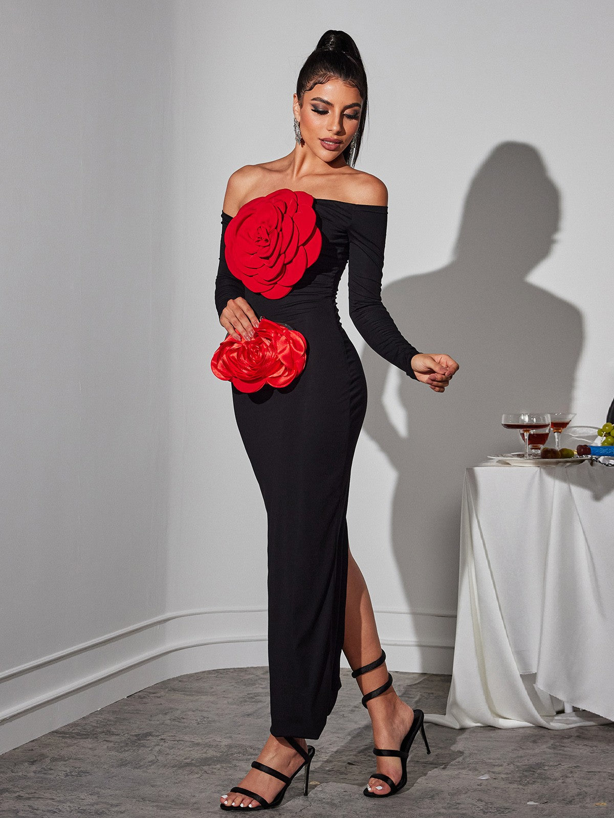 Claus Off Shoulder Red Flower Maxi Dress - Image 2