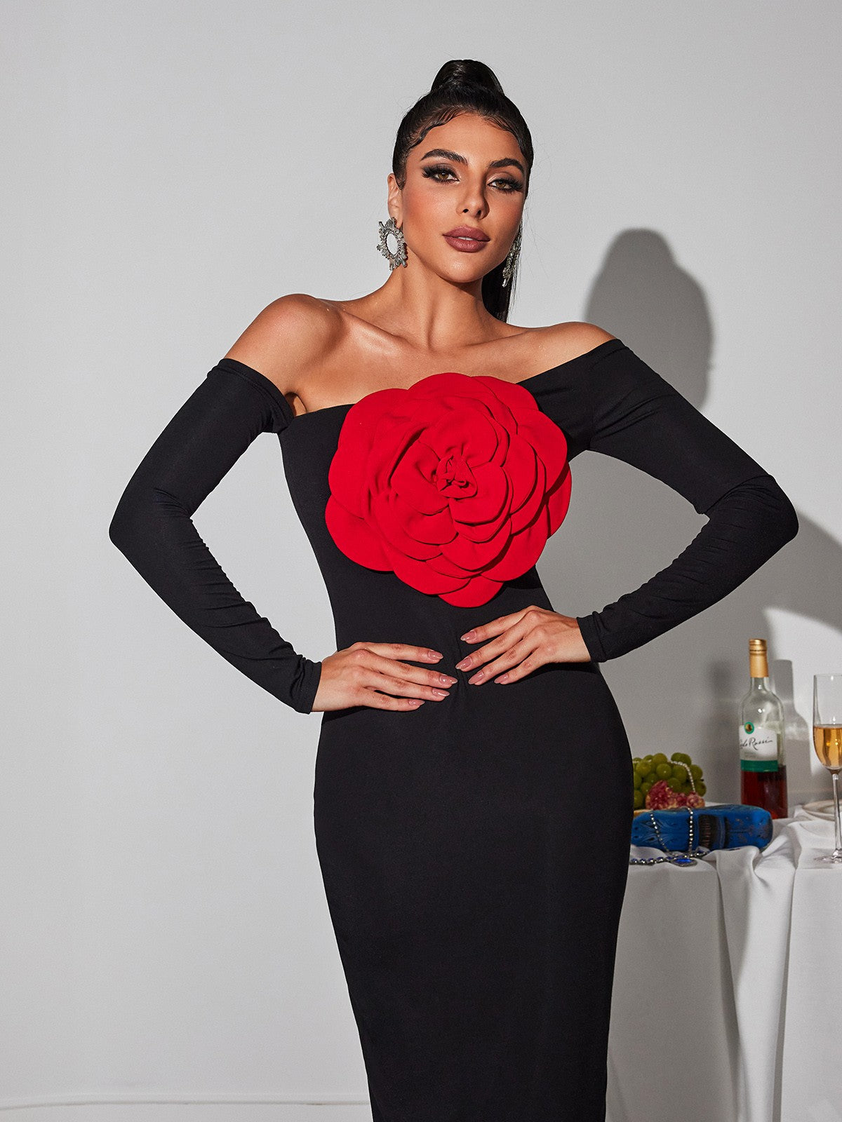 Claus Off Shoulder Red Flower Maxi Dress - Image 3
