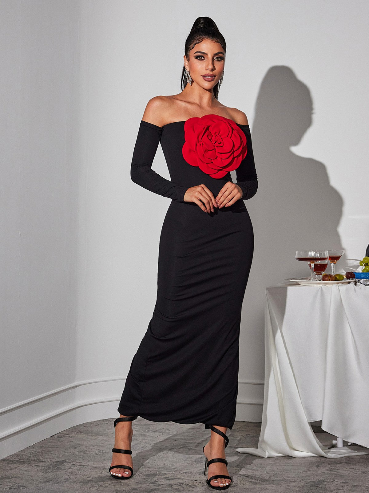 Claus Off Shoulder Red Flower Maxi Dress - Image 4
