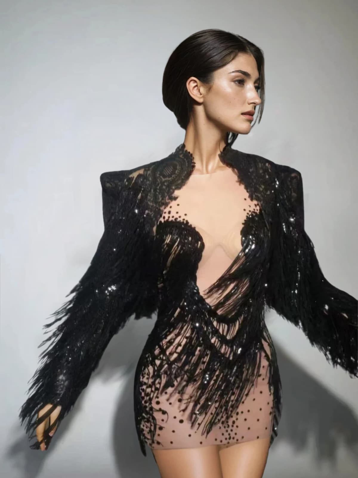 Cyvra Fringe Mesh Mini Dress With Coat In Black - Image 8