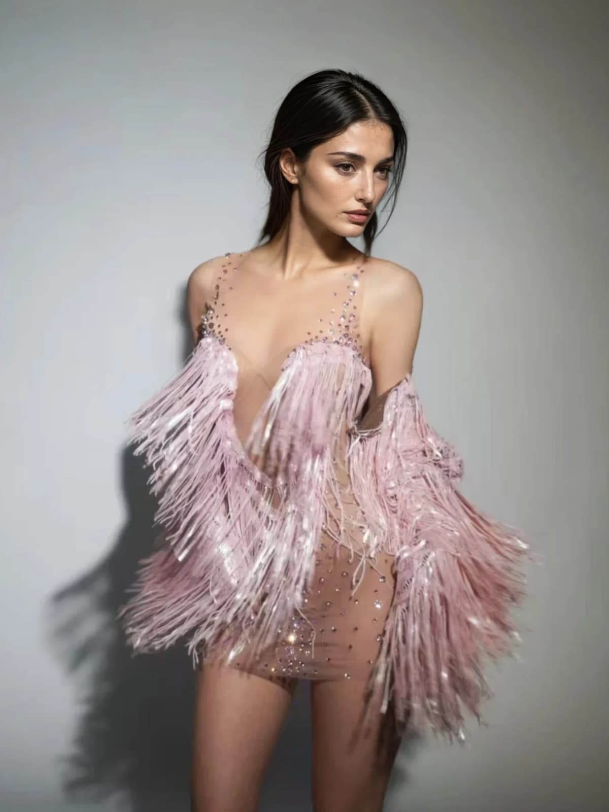 Cyvra Fringe Mesh Mini Dress With Coat In Pink - Image 2