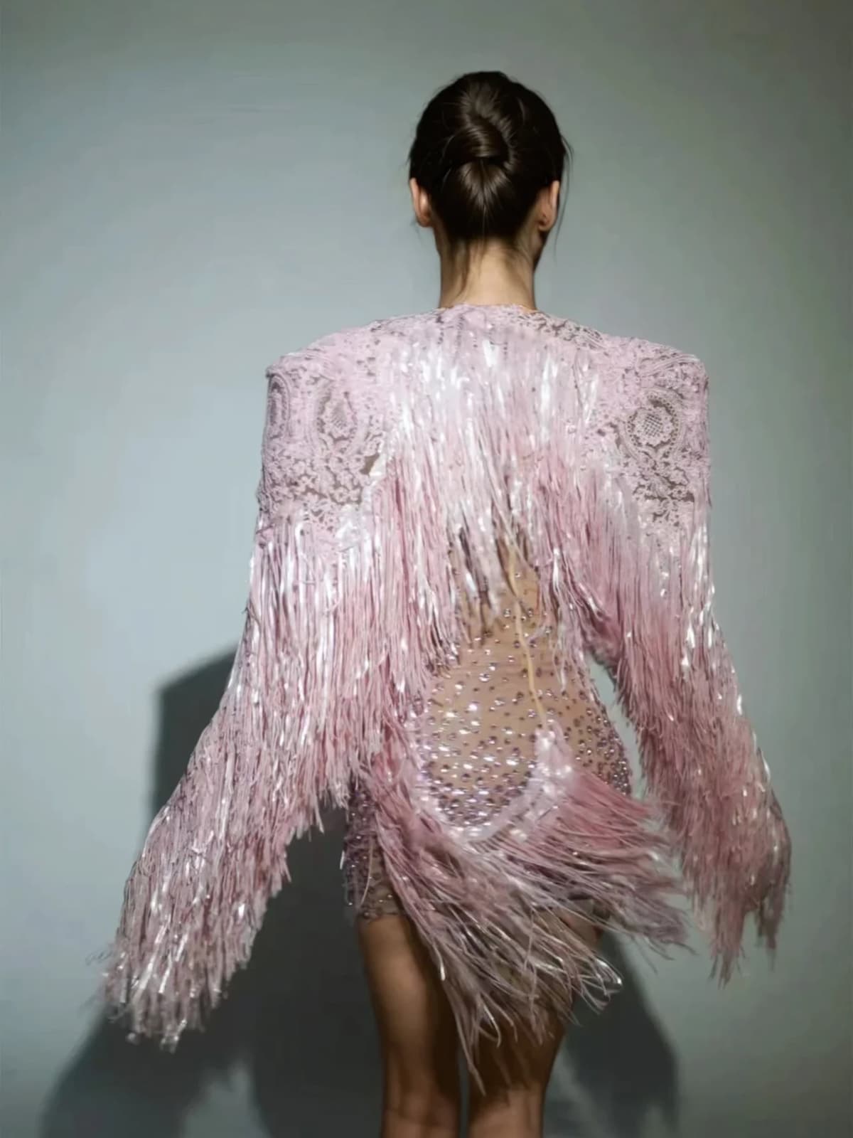 Cyvra Fringe Mesh Mini Dress With Coat In Pink - Image 3