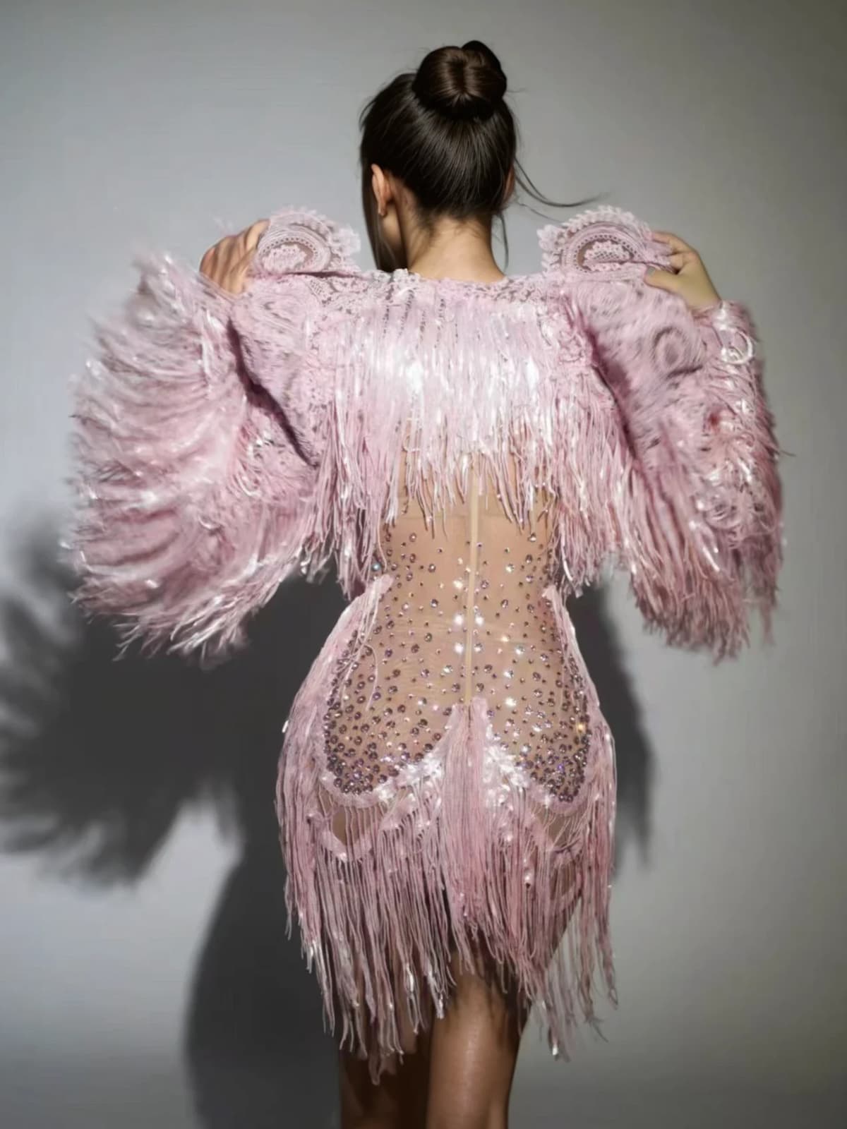 Cyvra Fringe Mesh Mini Dress With Coat In Pink - Image 4