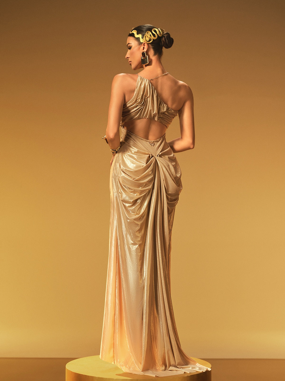 Daiki Halterneck Ruched Maxi Dress In Brown - Image 6