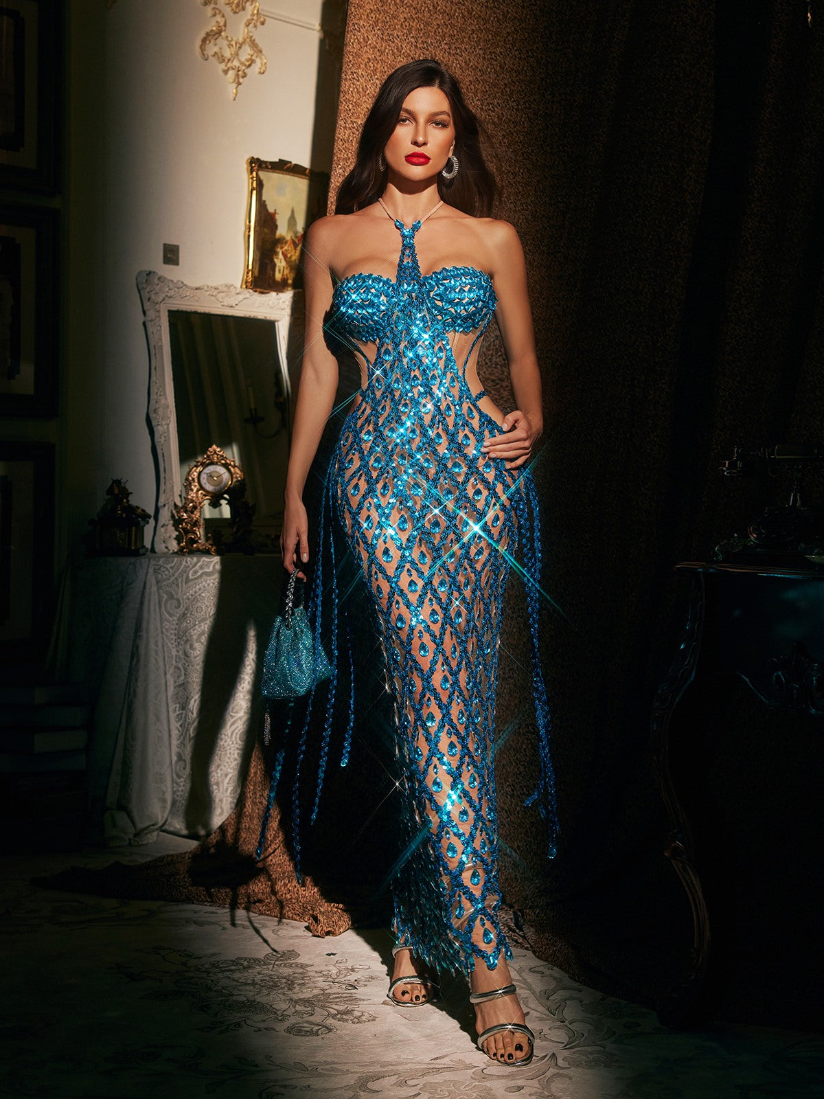 Diego Halterneck Embellished Mesh Maxi Dress In Blue - Image 2