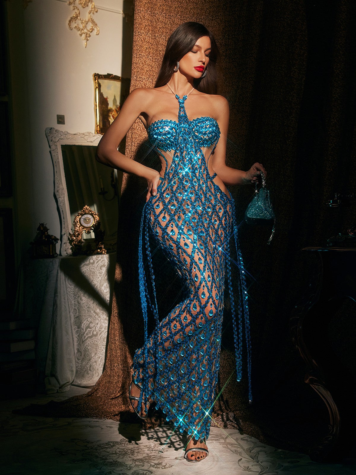 Diego Halterneck Embellished Mesh Maxi Dress In Blue - Image 4