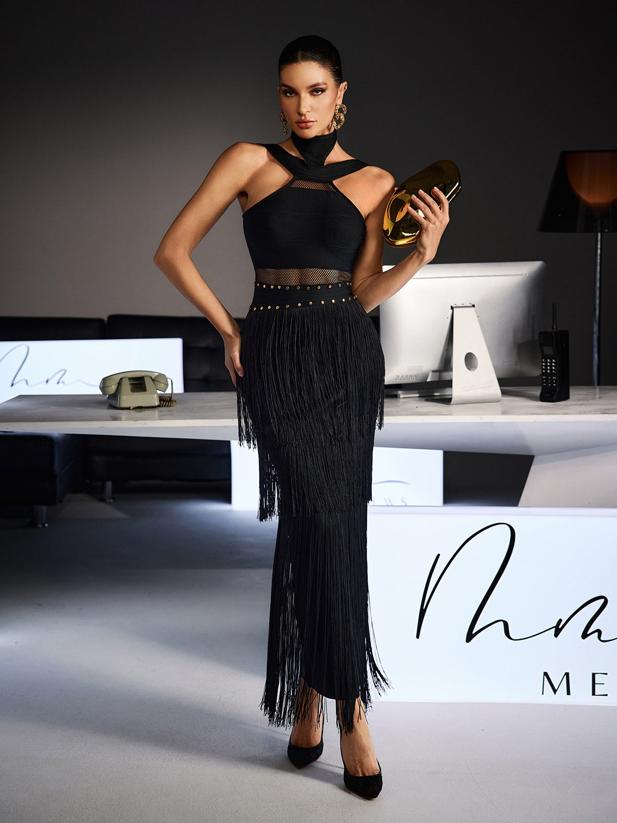 Fermin Halterneck Bandage Fringe Midi Dress - Image 2