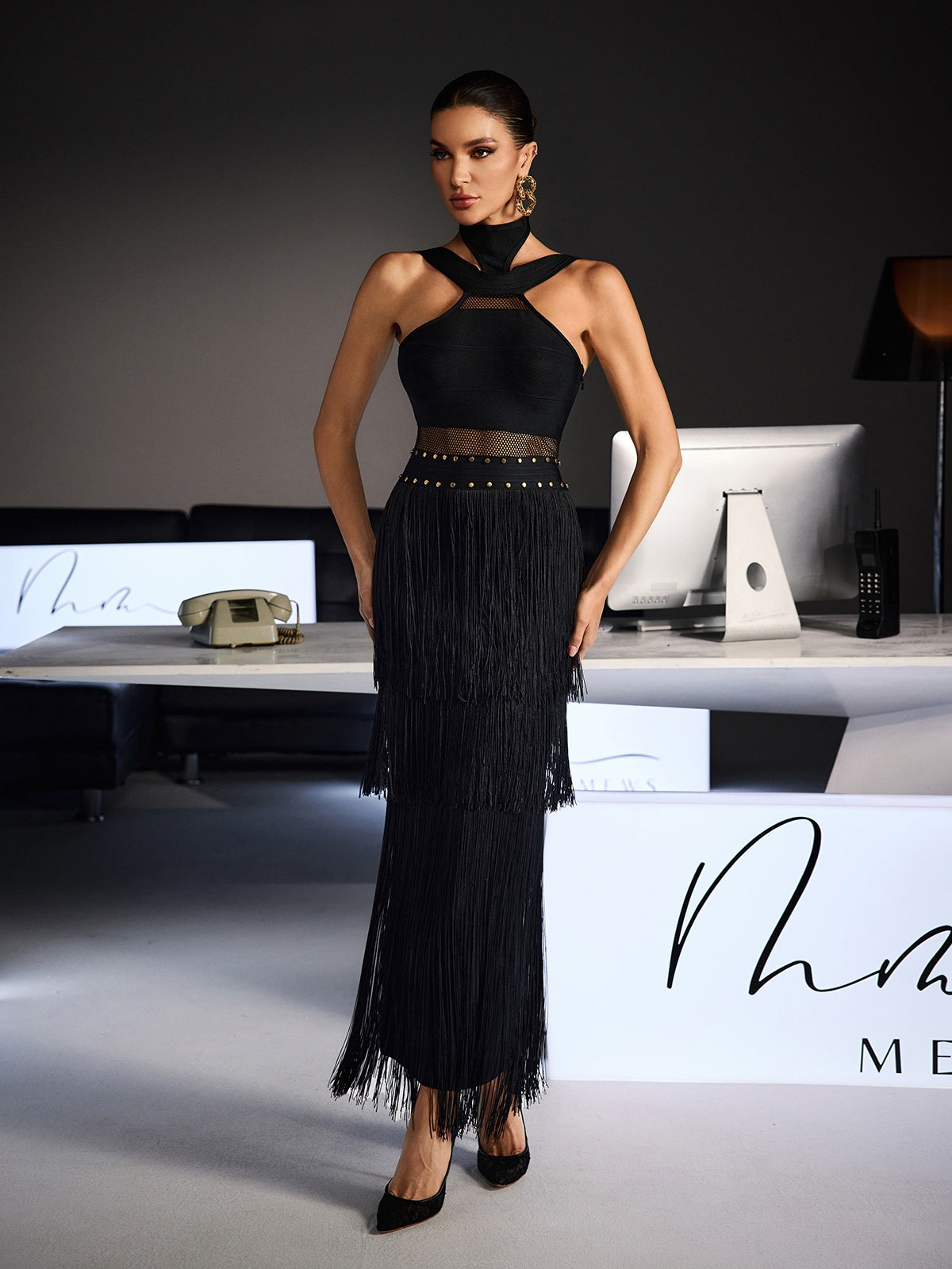 Fermin Halterneck Bandage Fringe Midi Dress - Image 3