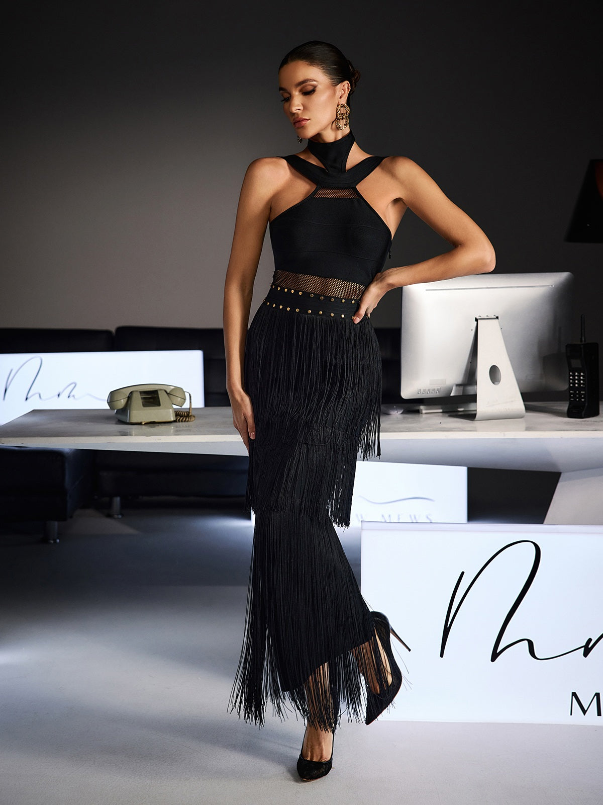 Fermin Halterneck Bandage Fringe Midi Dress - Image 4