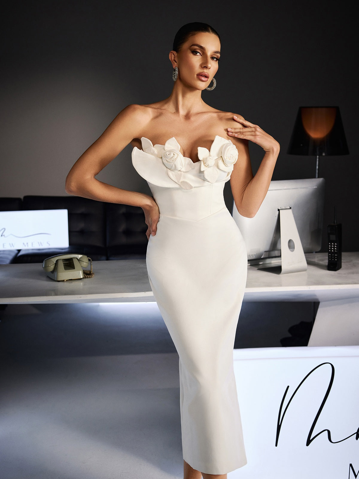 Feruza Strapless Flower Bodycon Midi Dress - Image 2