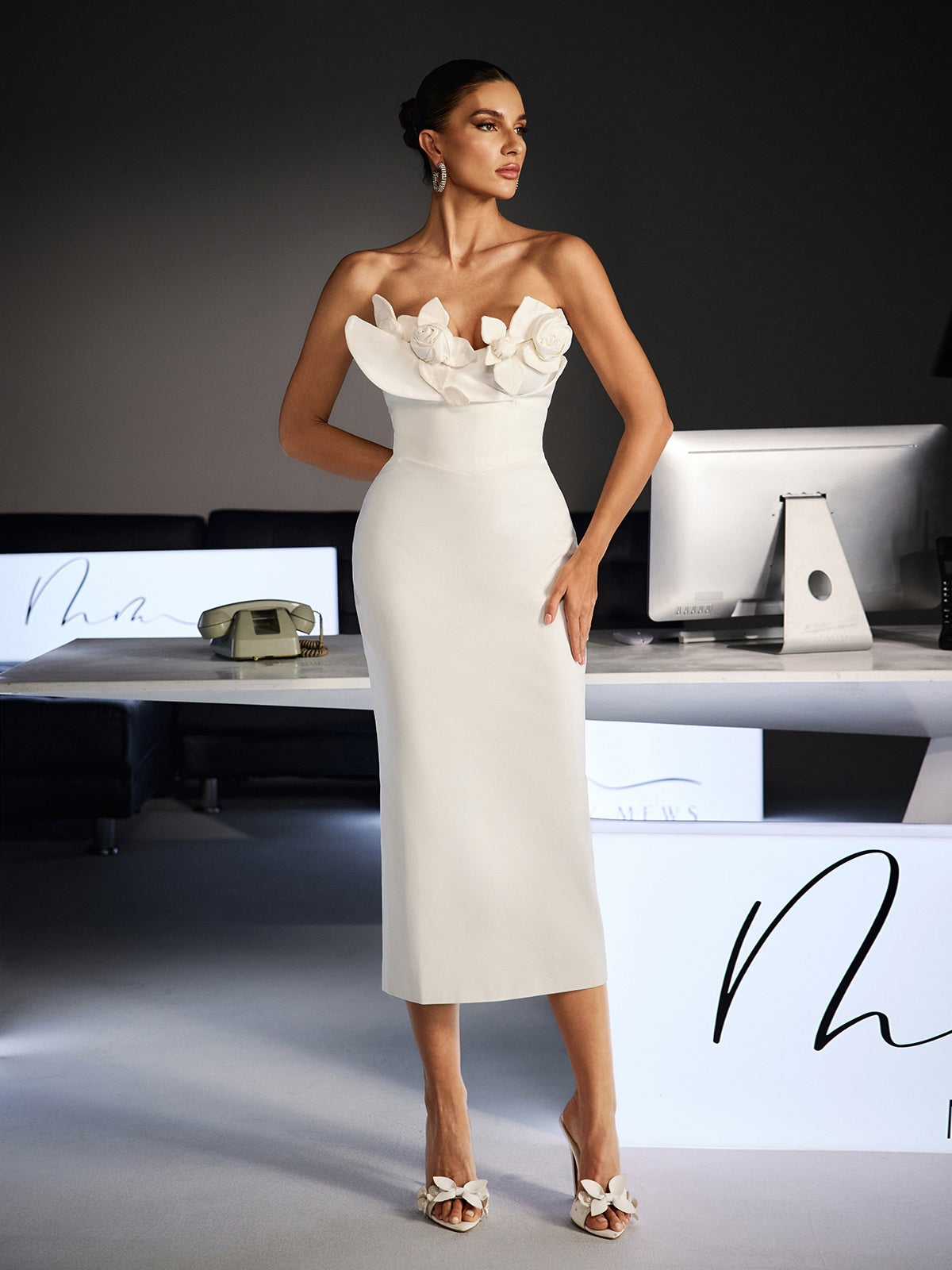 Feruza Strapless Flower Bodycon Midi Dress - Image 3