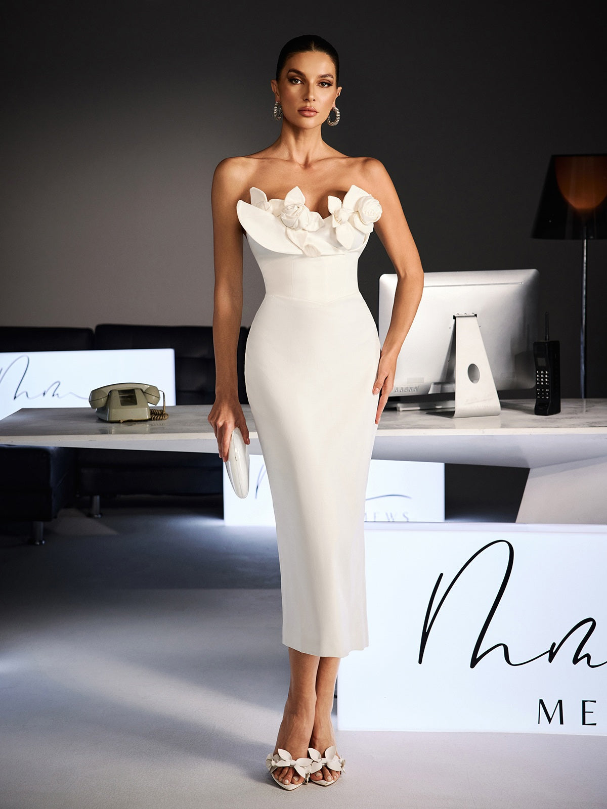 Feruza Strapless Flower Bodycon Midi Dress - Image 5