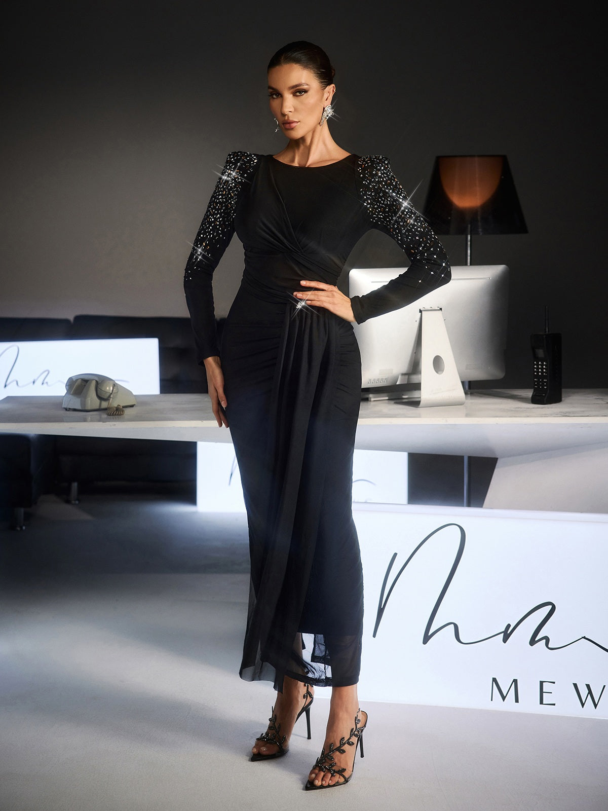 Fianna Long Slevee Ruched Rhinestone Maxi Dress - Image 3