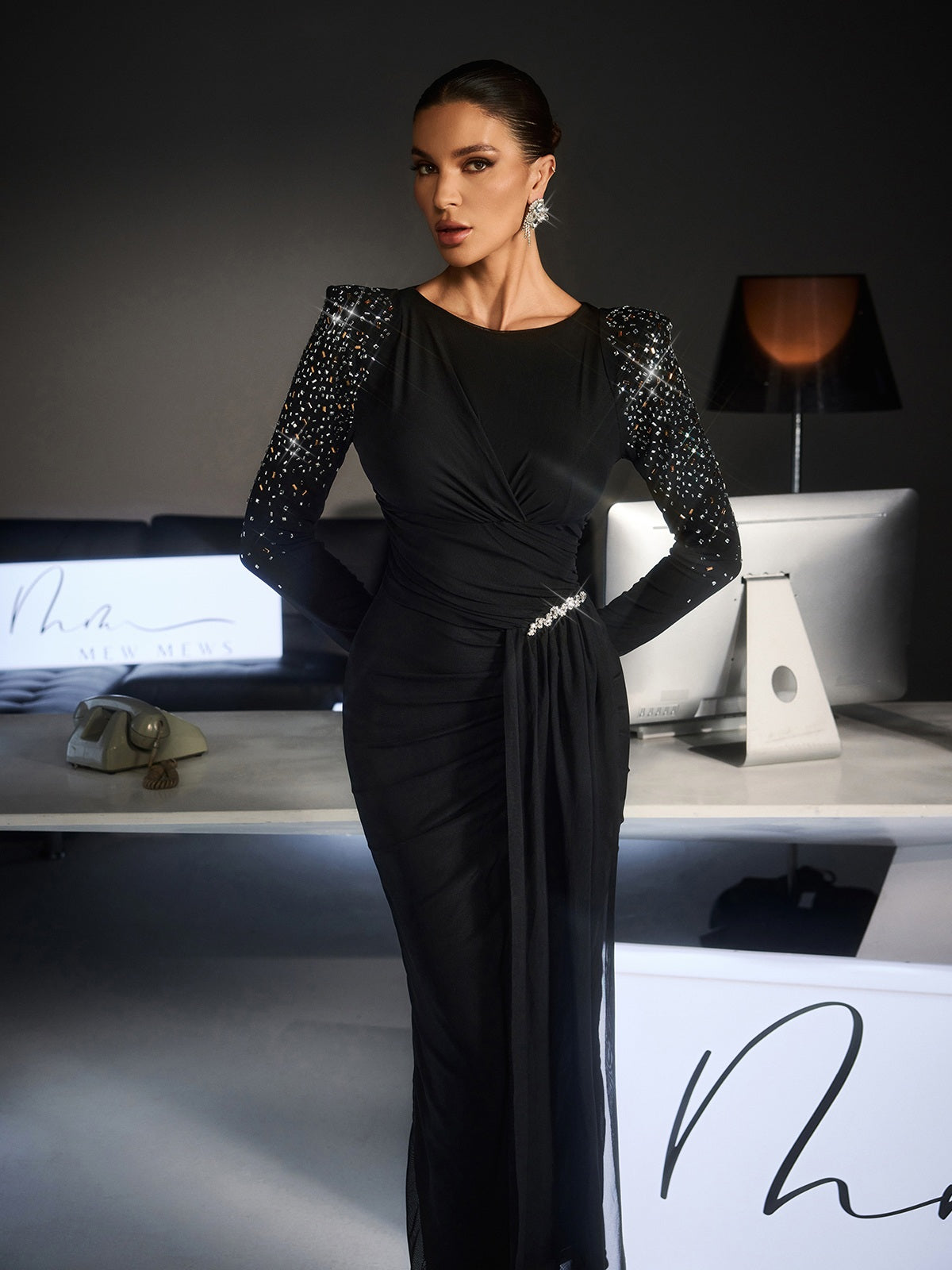 Fianna Long Slevee Ruched Rhinestone Maxi Dress - Image 5