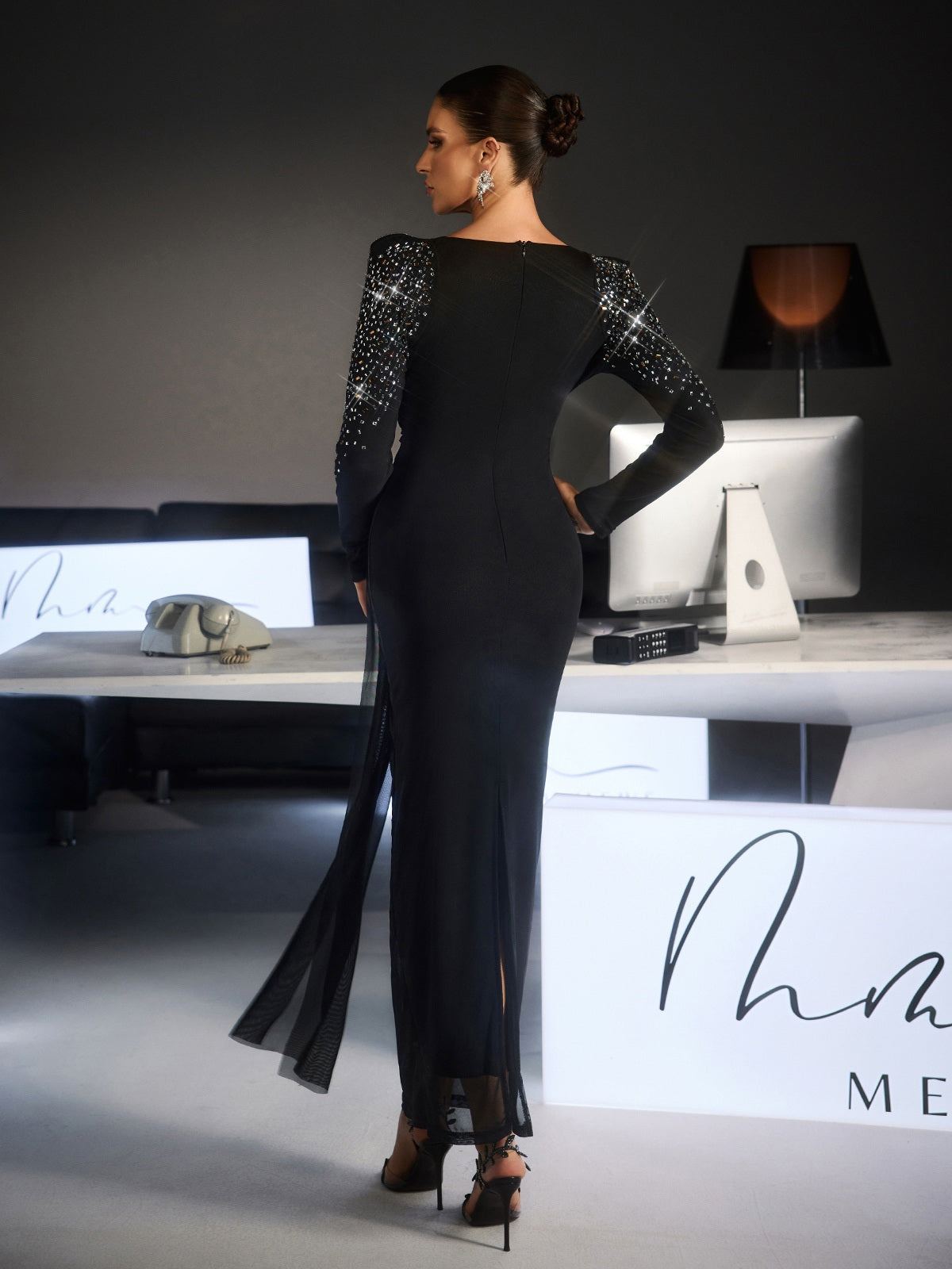 Fianna Long Slevee Ruched Rhinestone Maxi Dress - Image 6