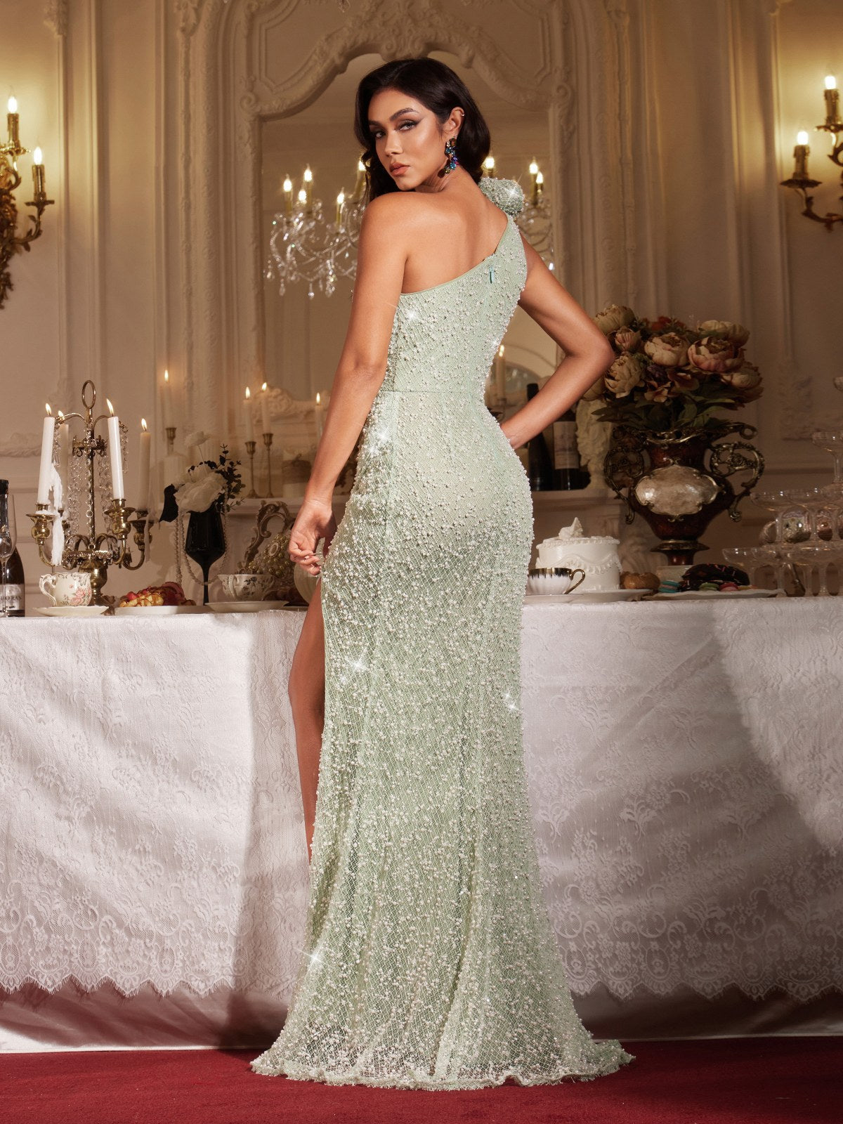 Filippu One Shoulder Pearl Split Maxi Dress - Image 6