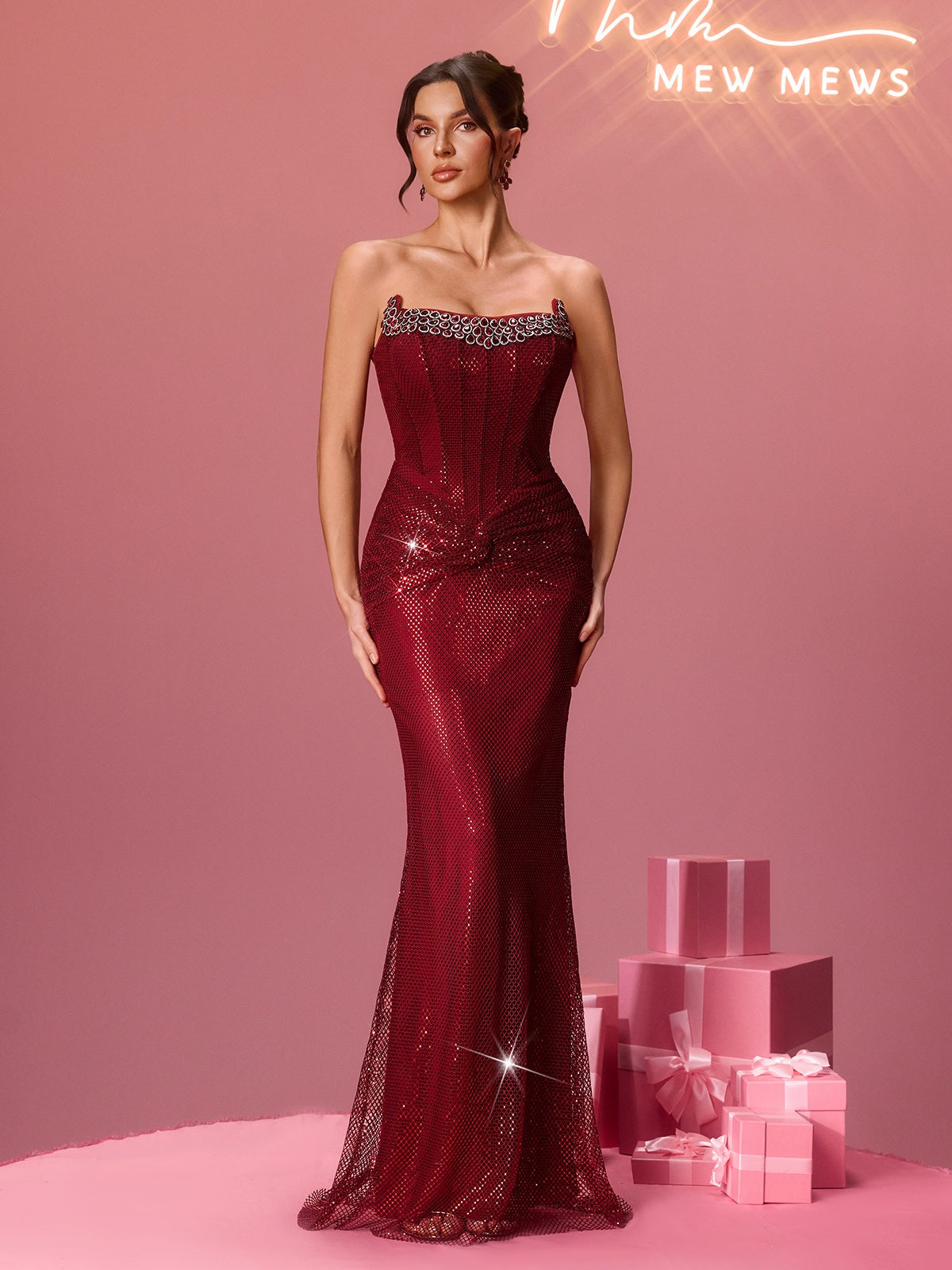Fleurette Strapless Twisted Rhinestone Mesh Maxi Dress
