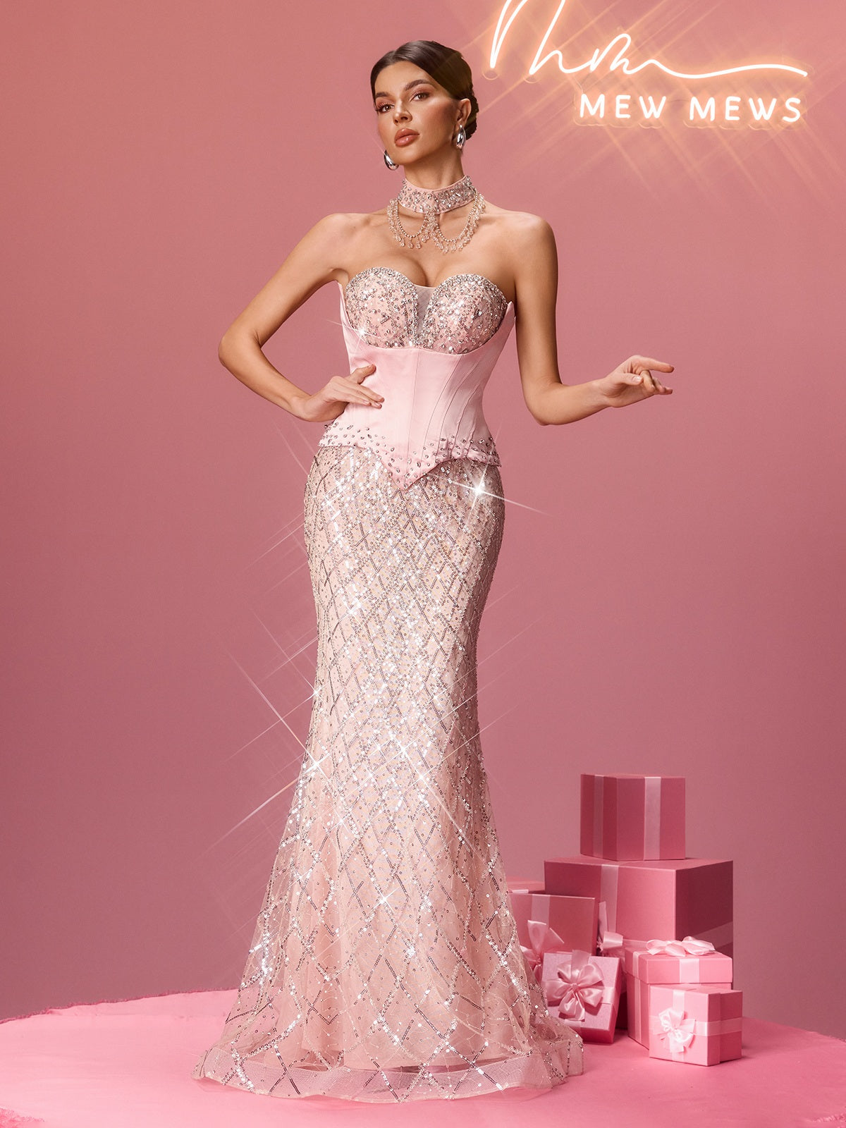 Flip Strapless Corset Rhinestone Sequin Maxi Dress