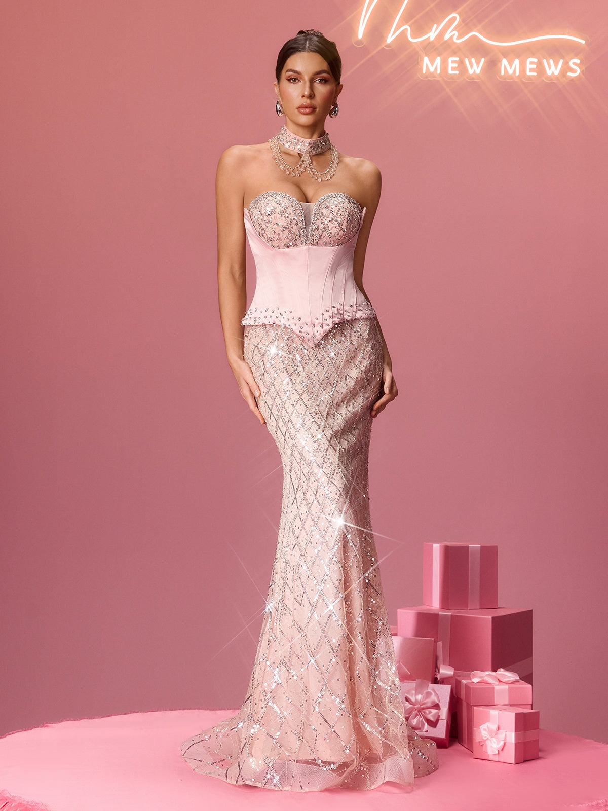 Flip Strapless Corset Rhinestone Sequin Maxi Dress - Image 3