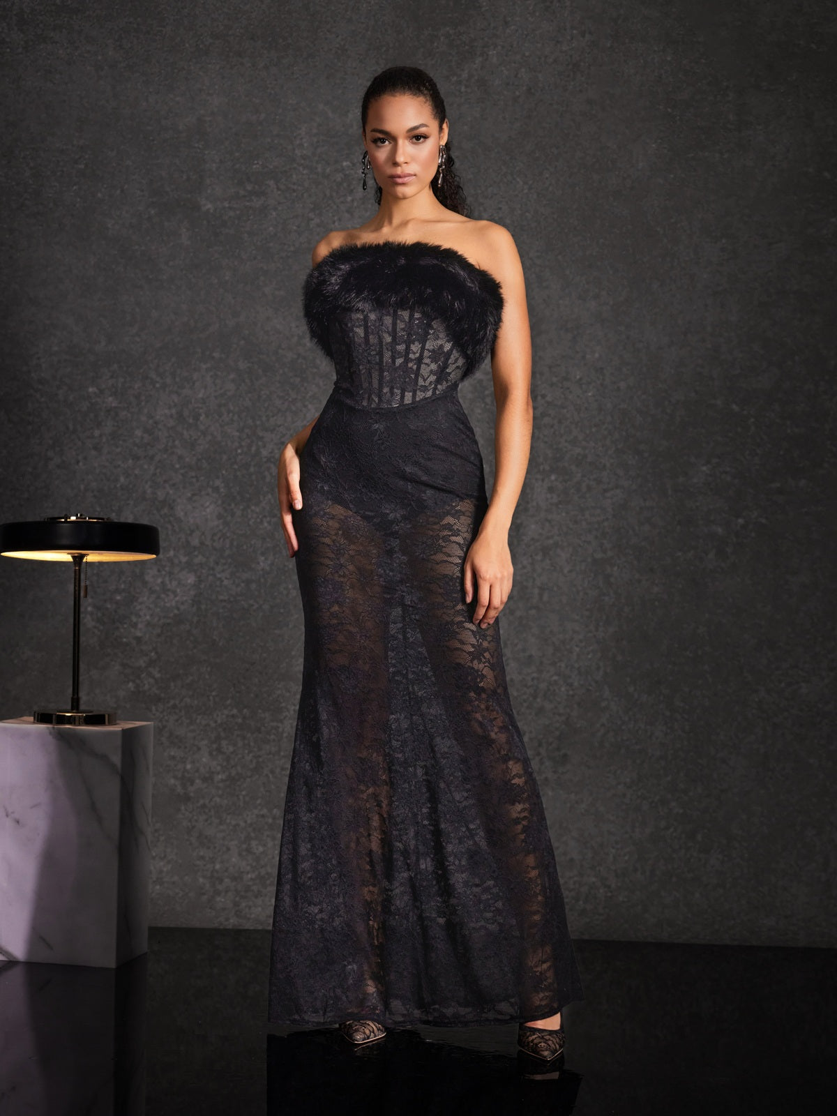 Floella Strapless Faux Fur Lace Maxi Dress