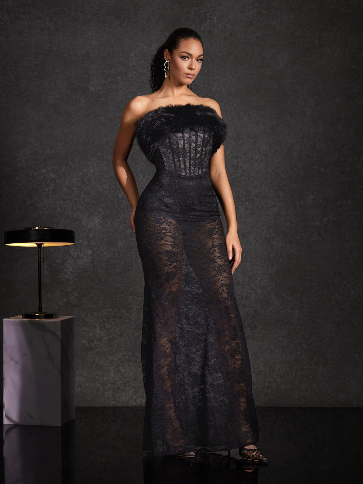 Floella Strapless Faux Fur Lace Maxi Dress - Image 2