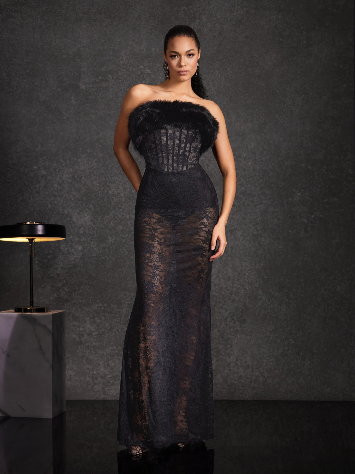 Floella Strapless Faux Fur Lace Maxi Dress - Image 3