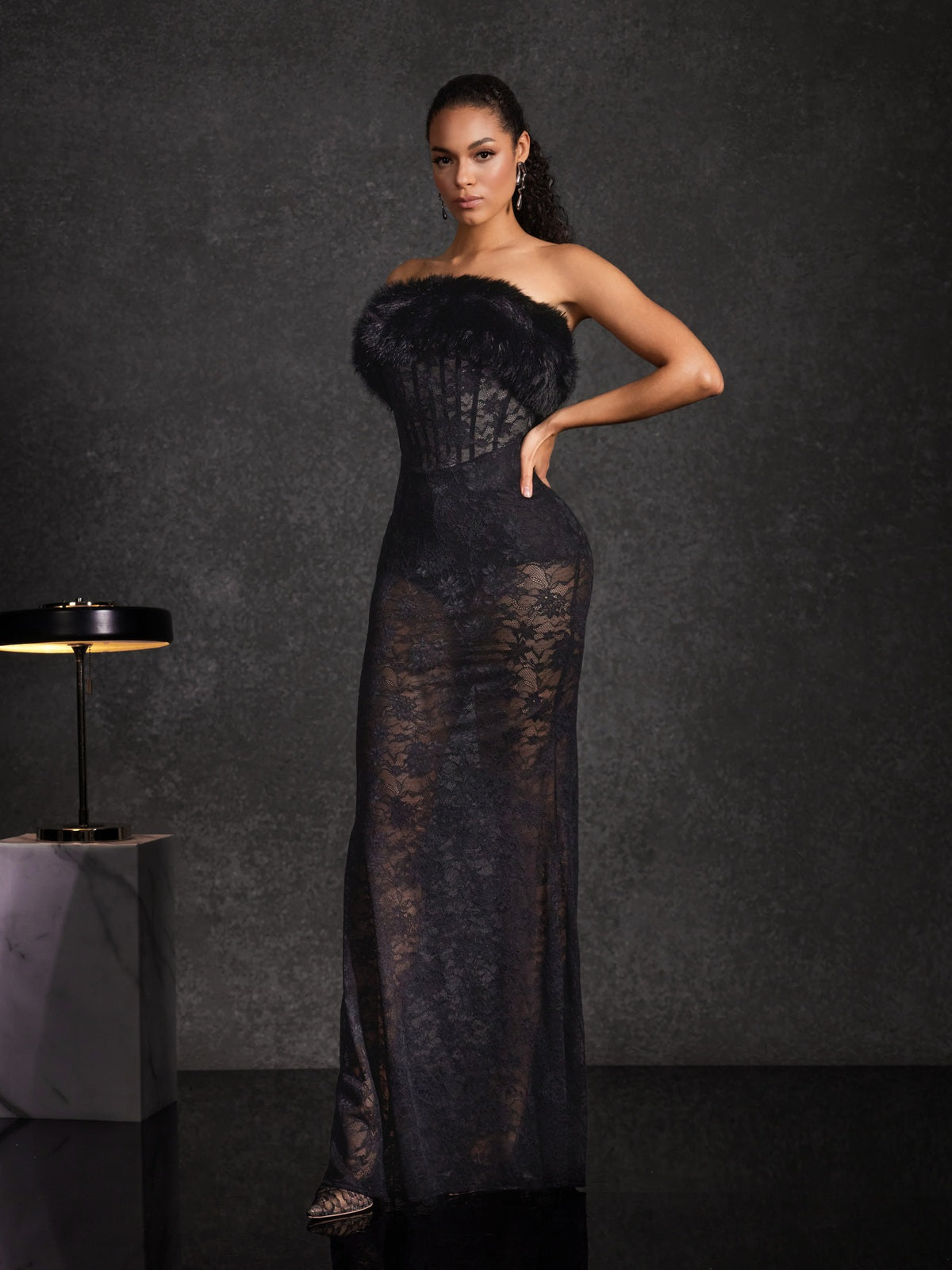 Floella Strapless Faux Fur Lace Maxi Dress - Image 4