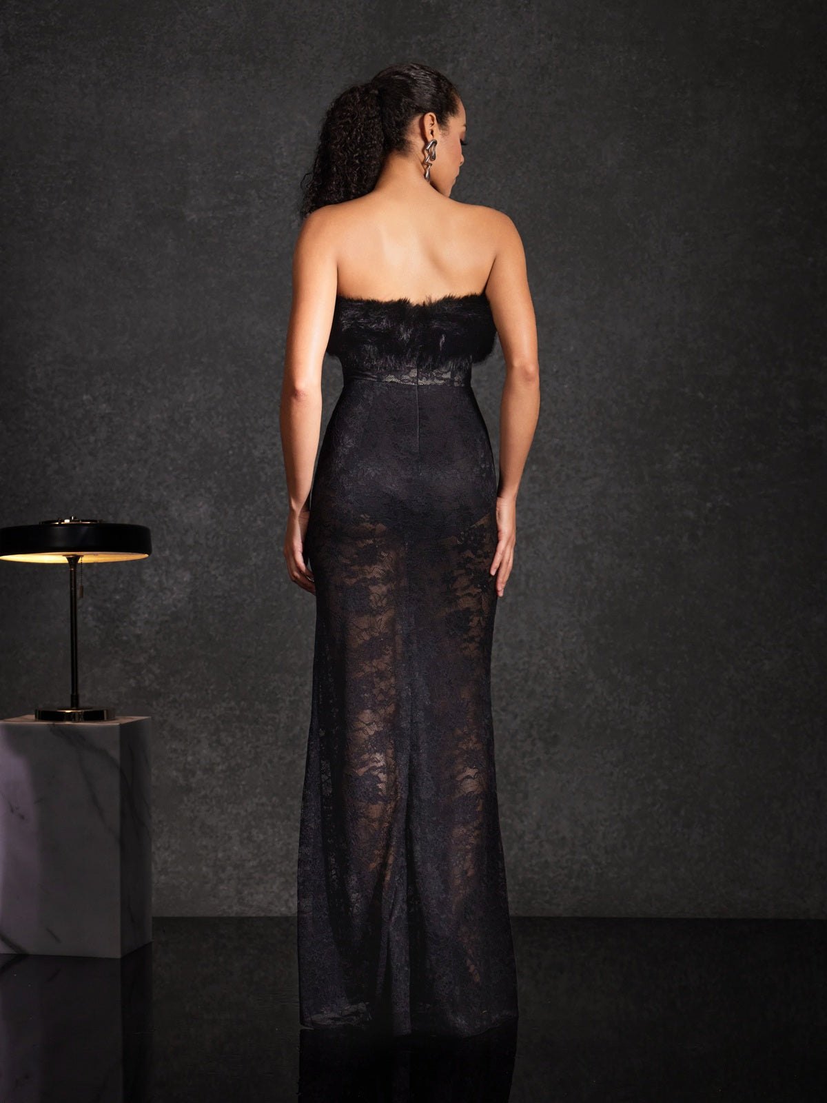 Floella Strapless Faux Fur Lace Maxi Dress - Image 6