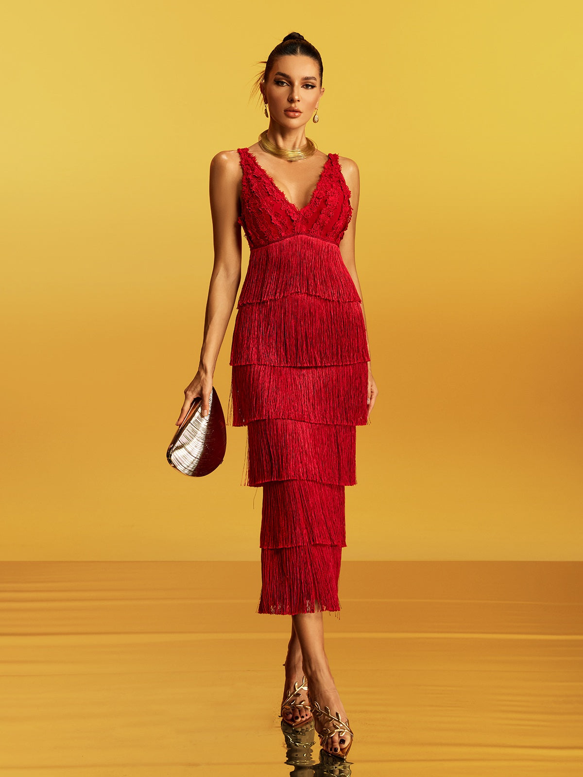 Galeon Sleeveless Lace Fringe Bandage Midi Dress