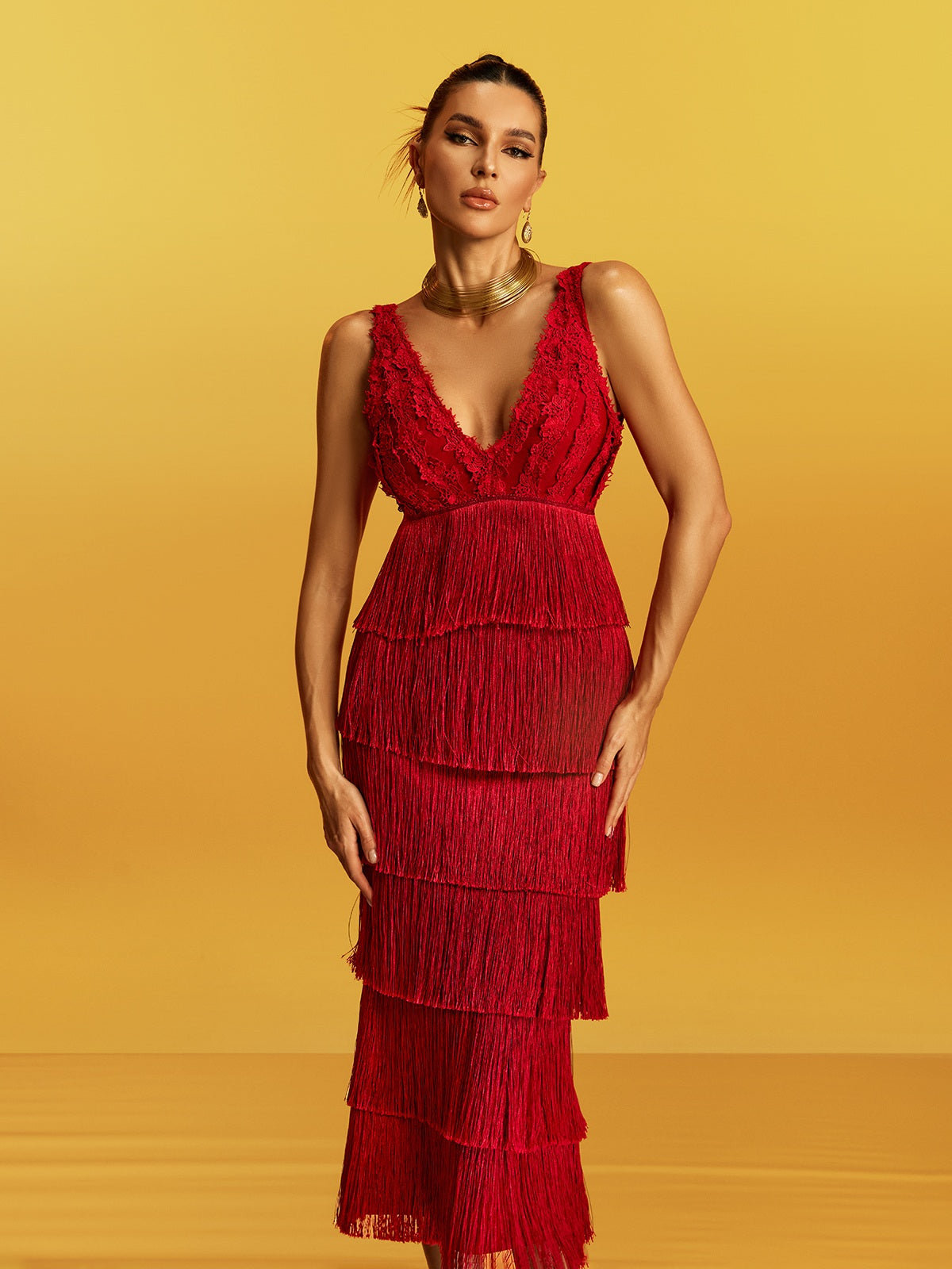 Galeon Sleeveless Lace Fringe Bandage Midi Dress - Image 3