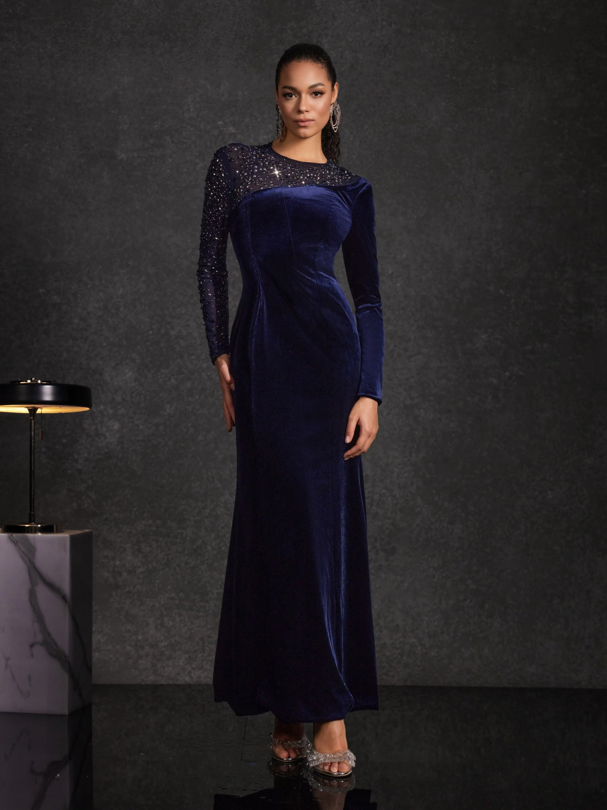 Hyalina Velvet Mesh Diamond Maxi Dress
