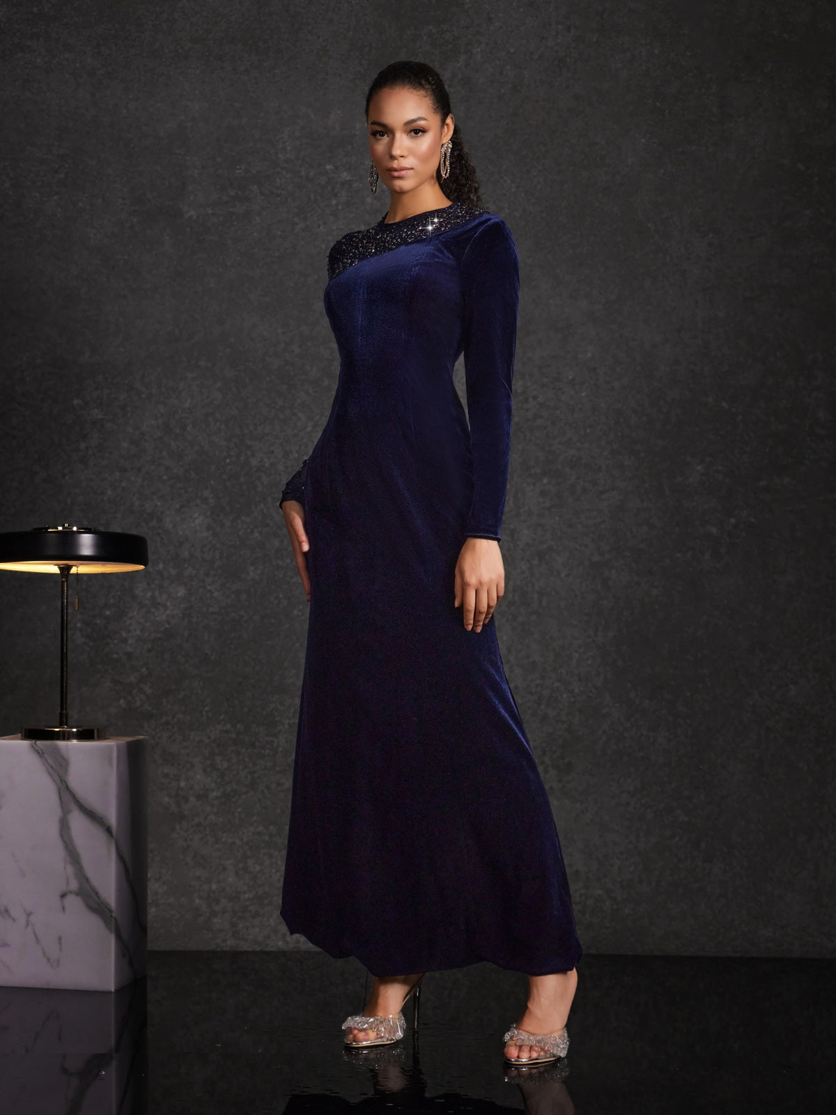 Hyalina Velvet Mesh Diamond Maxi Dress - Image 3