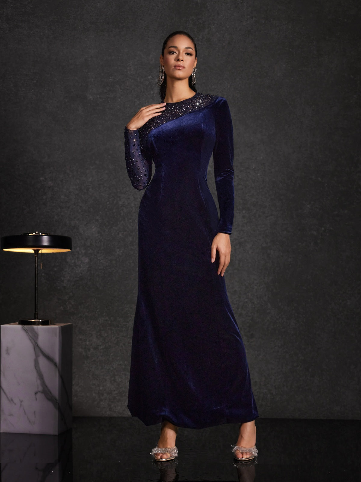 Hyalina Velvet Mesh Diamond Maxi Dress - Image 5