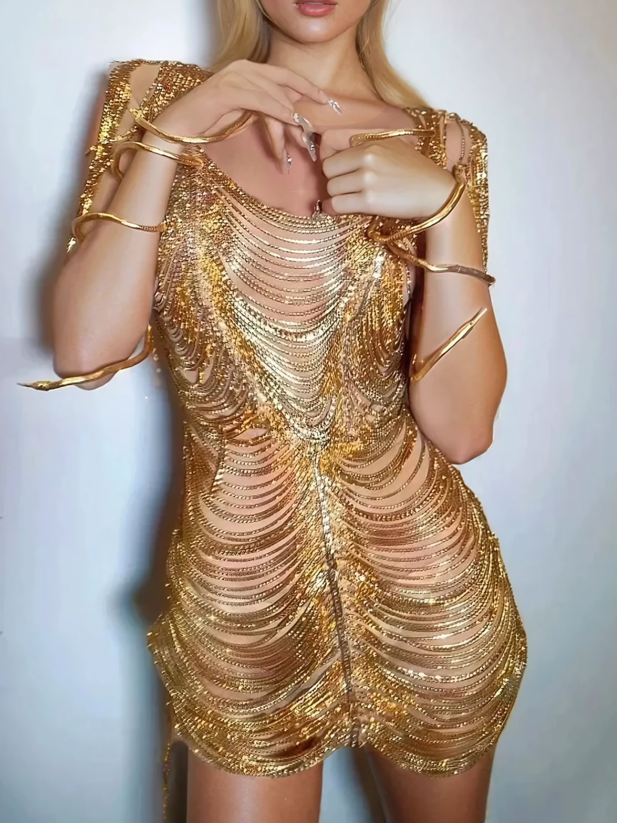 Janison Diamond Chain Mesh Mini Dress In Gold - Image 2