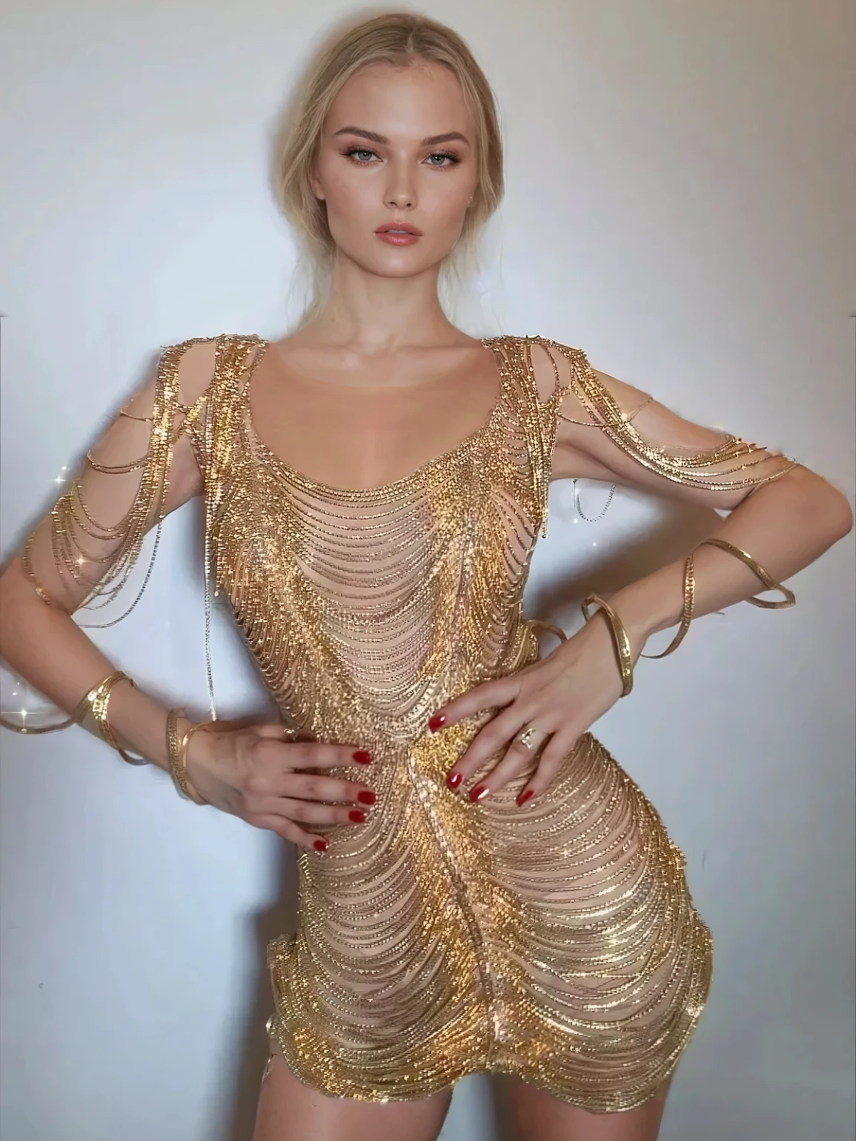 Janison Diamond Chain Mesh Mini Dress In Gold - Image 4