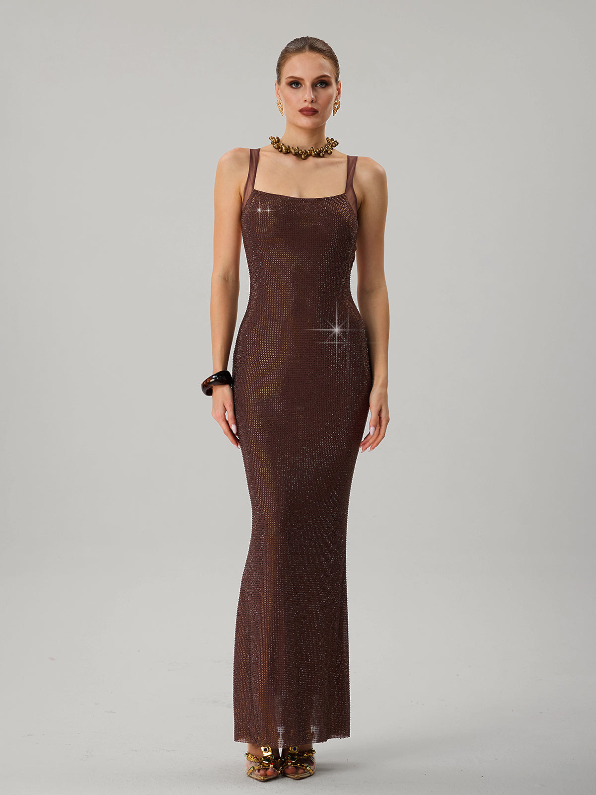 Jouncegrid Backless Rhinestone Maxi Dress In Brown