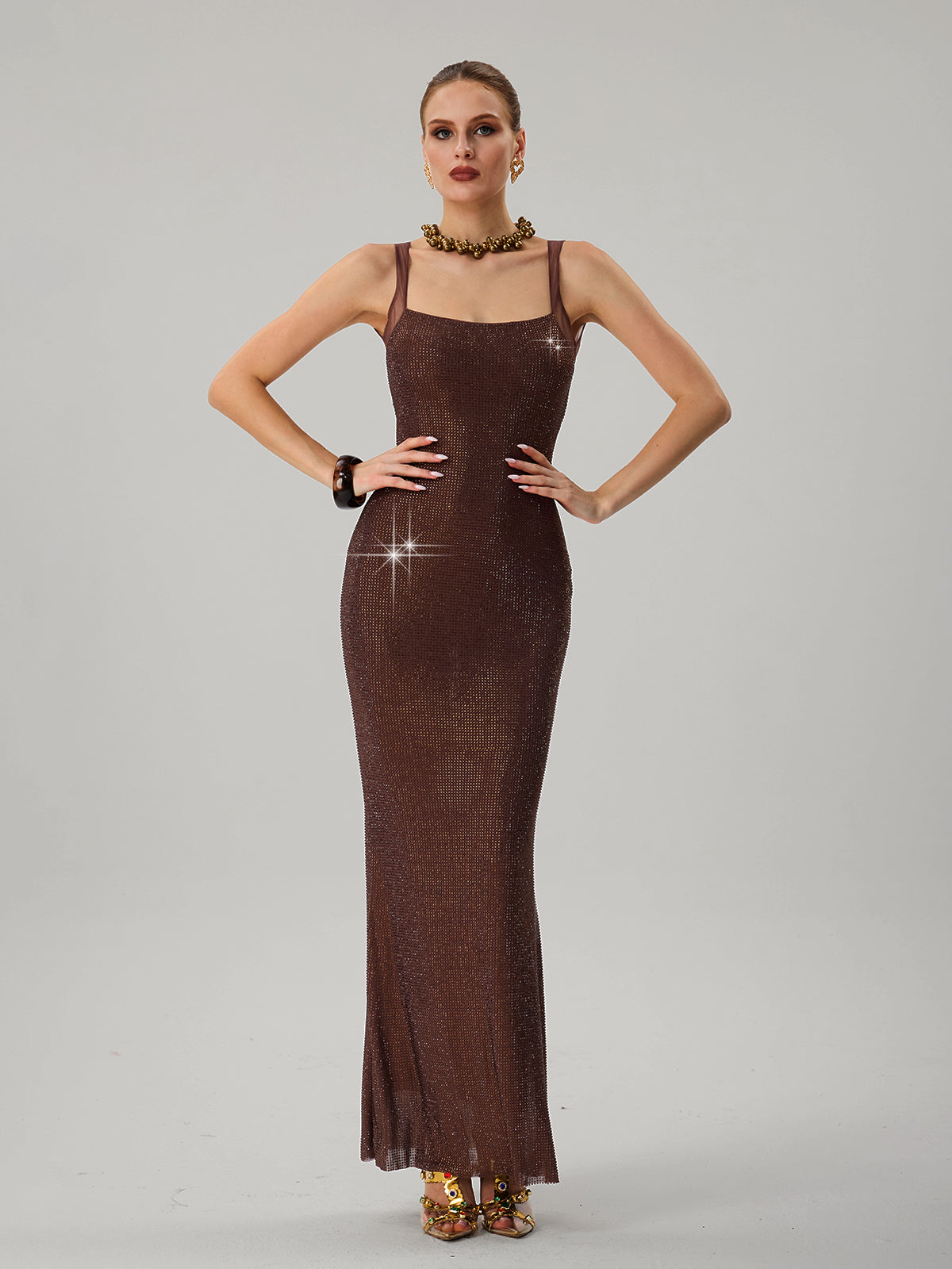 Jouncegrid Backless Rhinestone Maxi Dress In Brown - Image 3