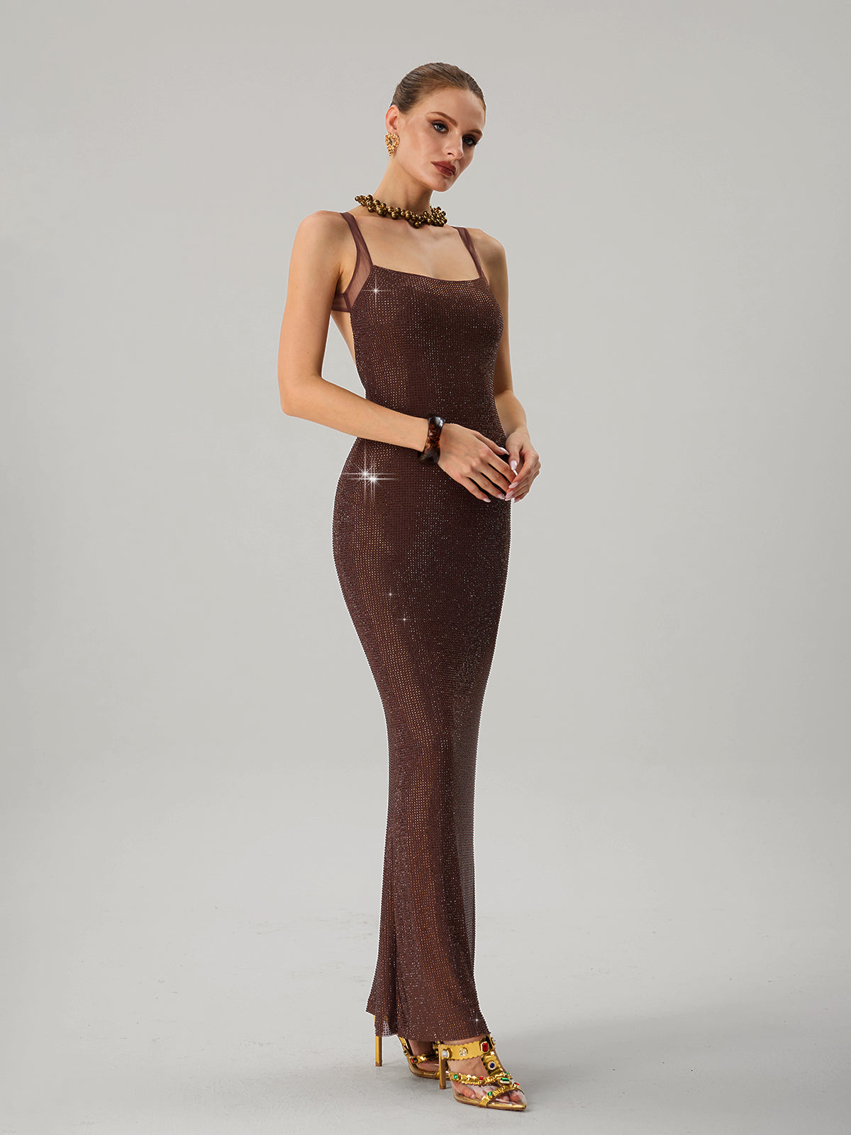 Jouncegrid Backless Rhinestone Maxi Dress In Brown - Image 4