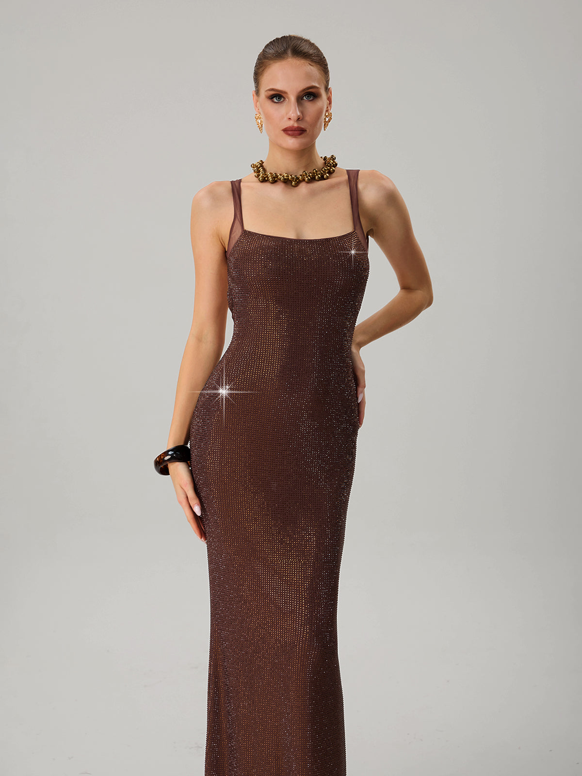Jouncegrid Backless Rhinestone Maxi Dress In Brown - Image 5