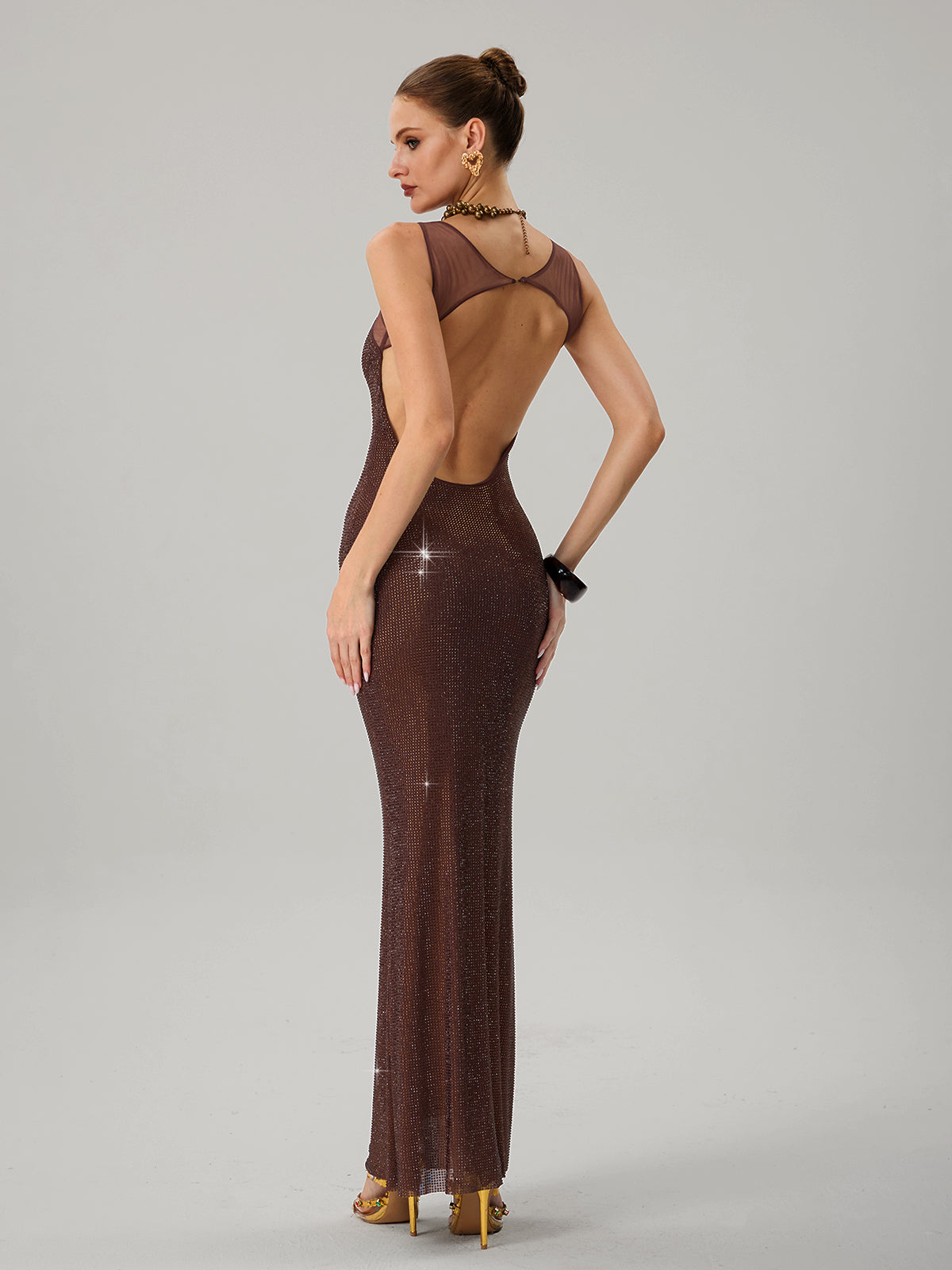Jouncegrid Backless Rhinestone Maxi Dress In Brown - Image 6
