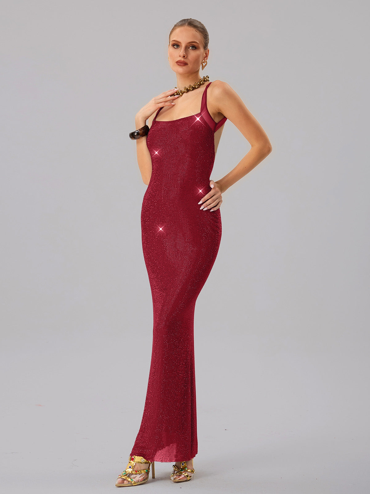 Jouncegrid Backless Rhinestone Maxi Dress In Red