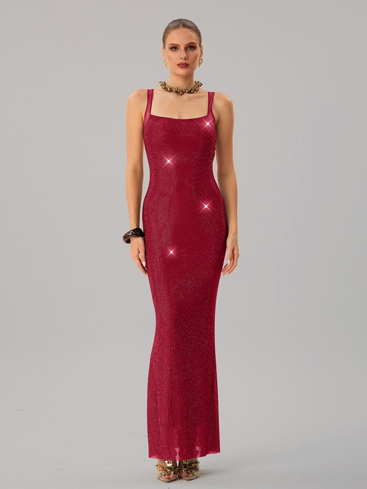 Jouncegrid Backless Rhinestone Maxi Dress In Red - Image 2