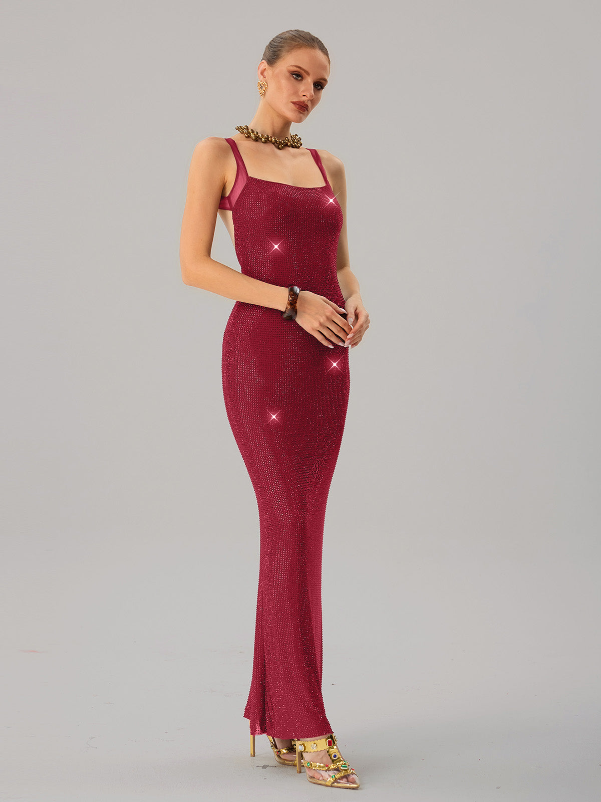 Jouncegrid Backless Rhinestone Maxi Dress In Red - Image 4