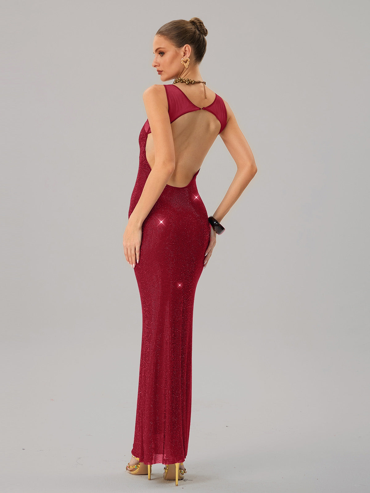 Jouncegrid Backless Rhinestone Maxi Dress In Red - Image 6